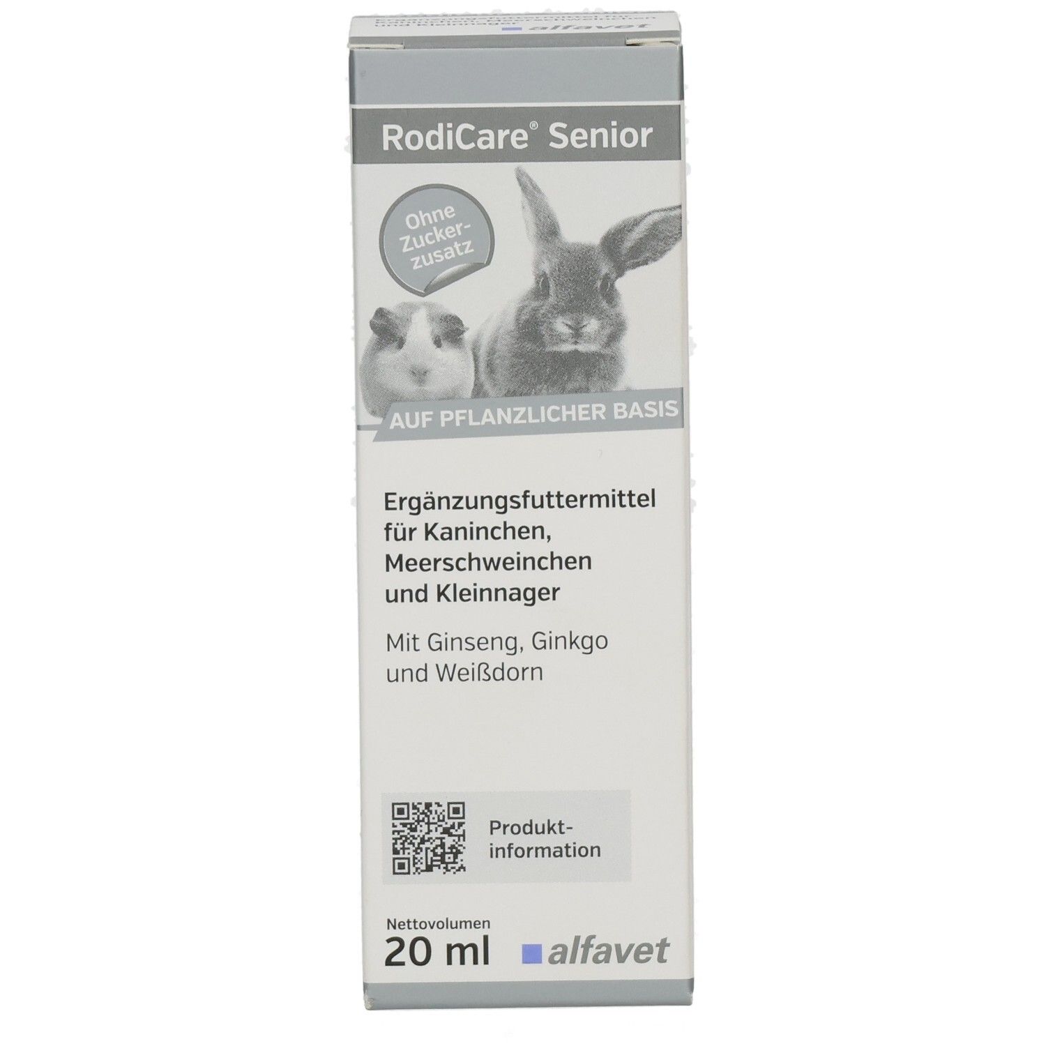 Karton RODICARE SENIOR. Aufschrift: Ohne Zuckerzusatz, Kaninchen, Meerschweinchen, Kleinnager. 20 ml. Marke alfafet.