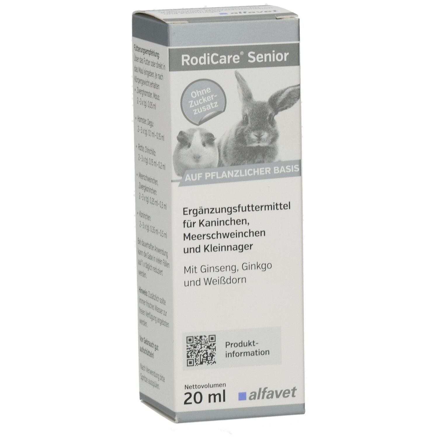 Karton RODICARE SENIOR. Aufschrift: Ohne Zuckerzusatz, Kaninchen, Meerschweinchen, Kleinnager. 20 ml. Marke alfafet.