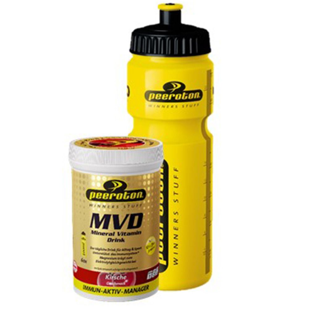 Gelbe Trinkflasche und Dose. Dose mit "MVD Mineral Vitamin Drink Kirsche". Flasche mit "peeroton WINNERS STUFF".