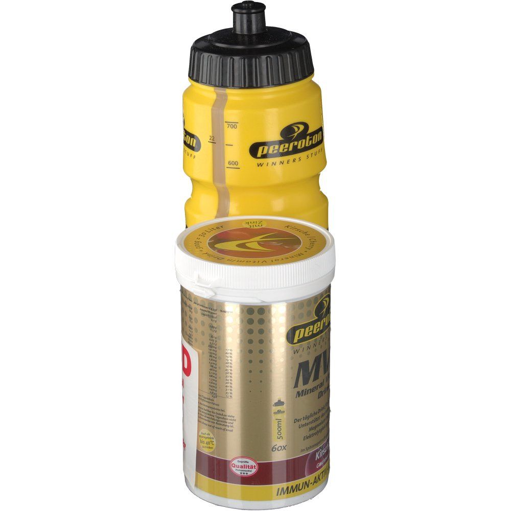 Gelbe Trinkflasche und Dose. Dose mit "MVD Mineral Vitamin Drink". Flasche mit "peeroton WINNERS STUFF".