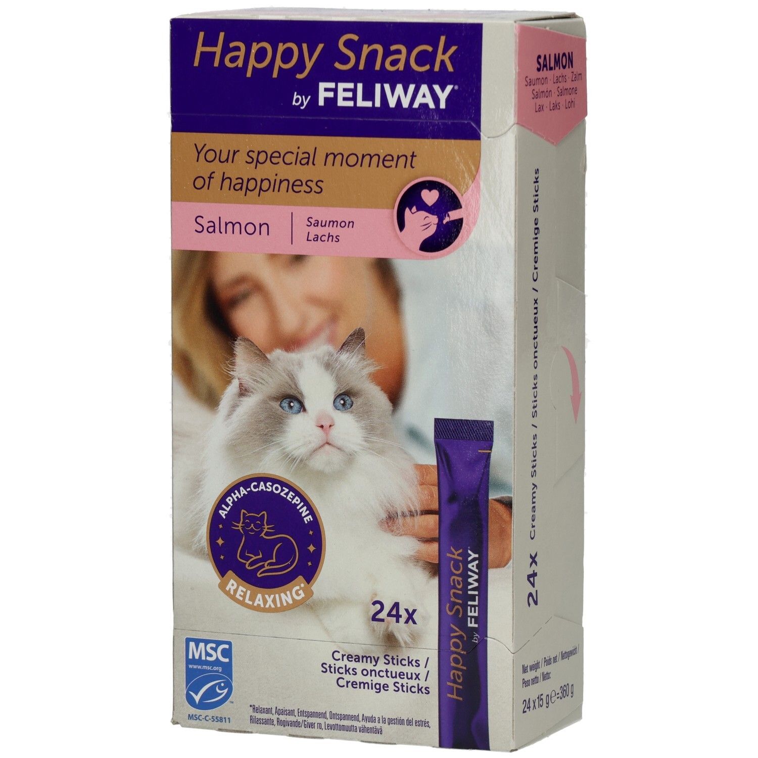 Verpackung von Happy Snack by FELIWAY. Enthält 24 Cremesticks mit Lachs. Auf der Verpackung ist eine Katze abgebildet.