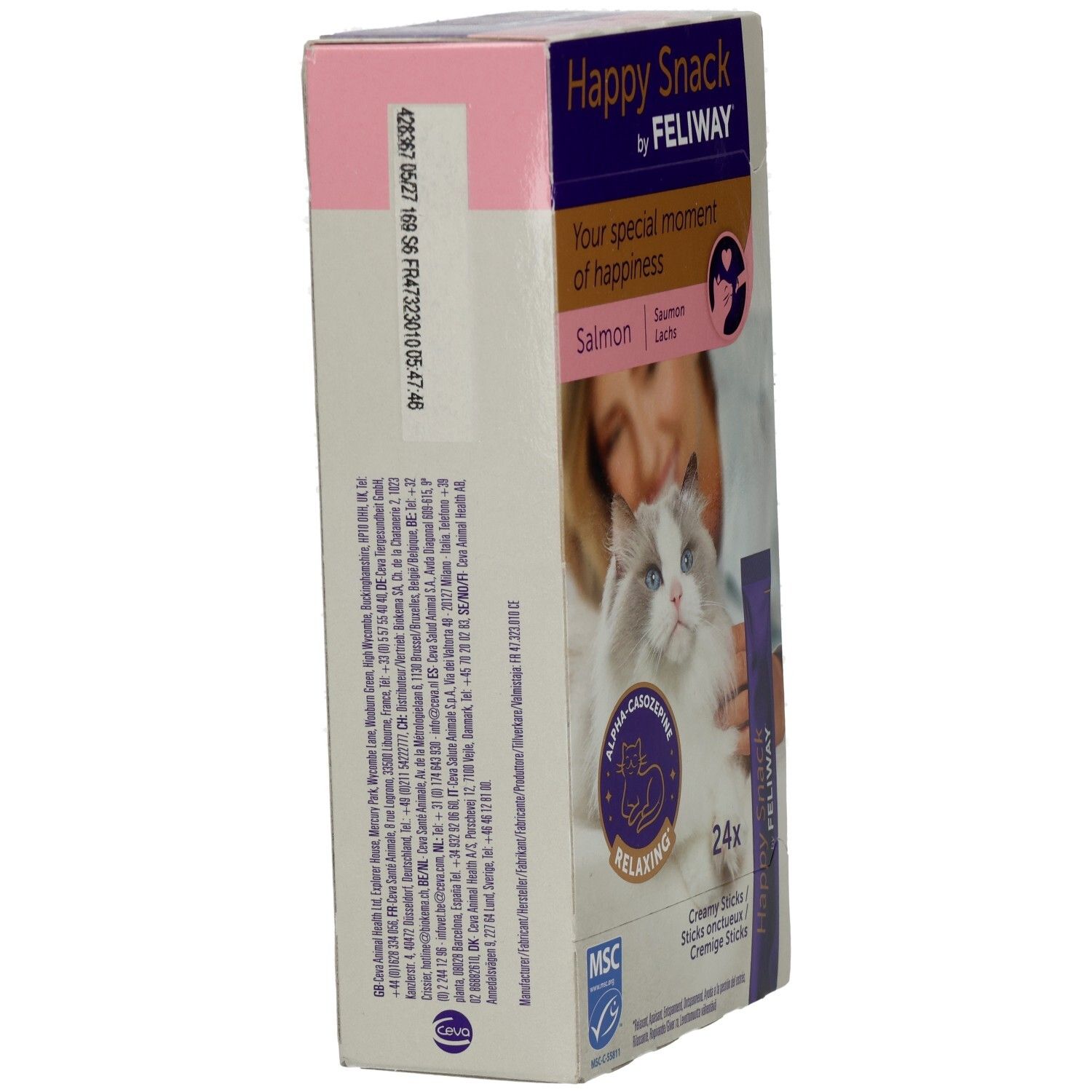 Seitenansicht der Happy Snack by FELIWAY Verpackung. Text und Informationen auf der Verpackung sind sichtbar.