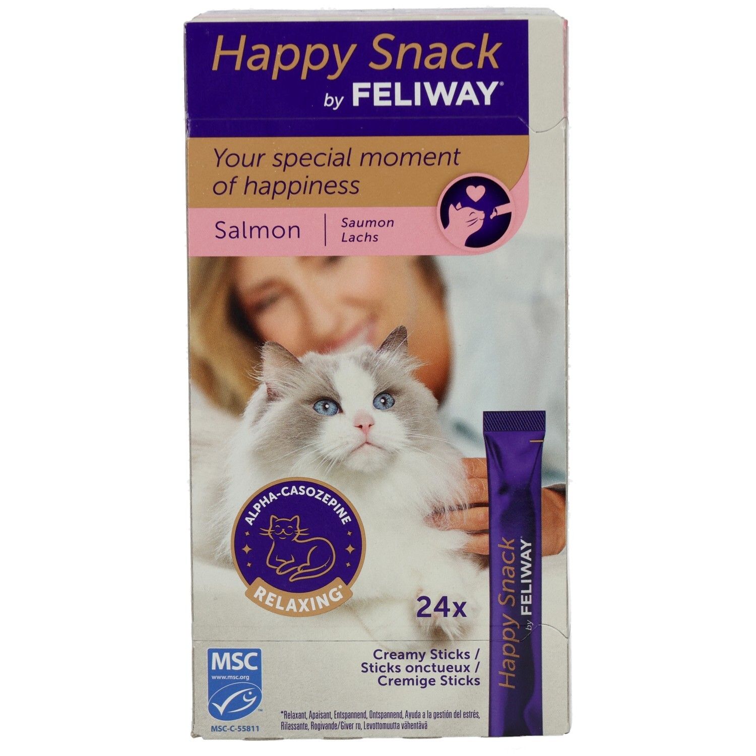 Happy Snack by FELIWAY Verpackung. Enthält 24 Cremesticks. Auf der Verpackung ist eine Katze abgebildet.
