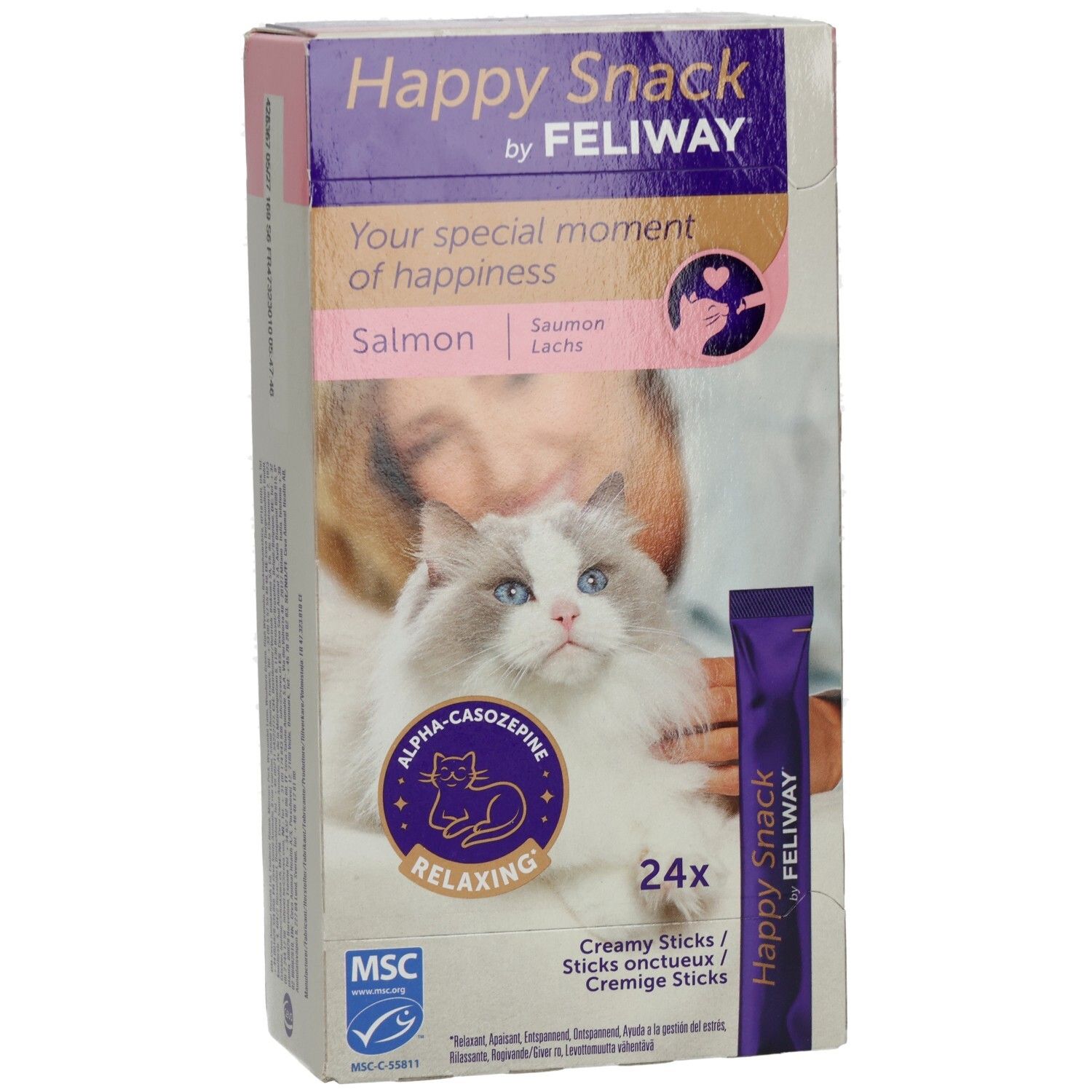 Happy Snack by FELIWAY Verpackung. Enthält 24 Cremesticks. Auf der Verpackung ist eine Katze abgebildet.
