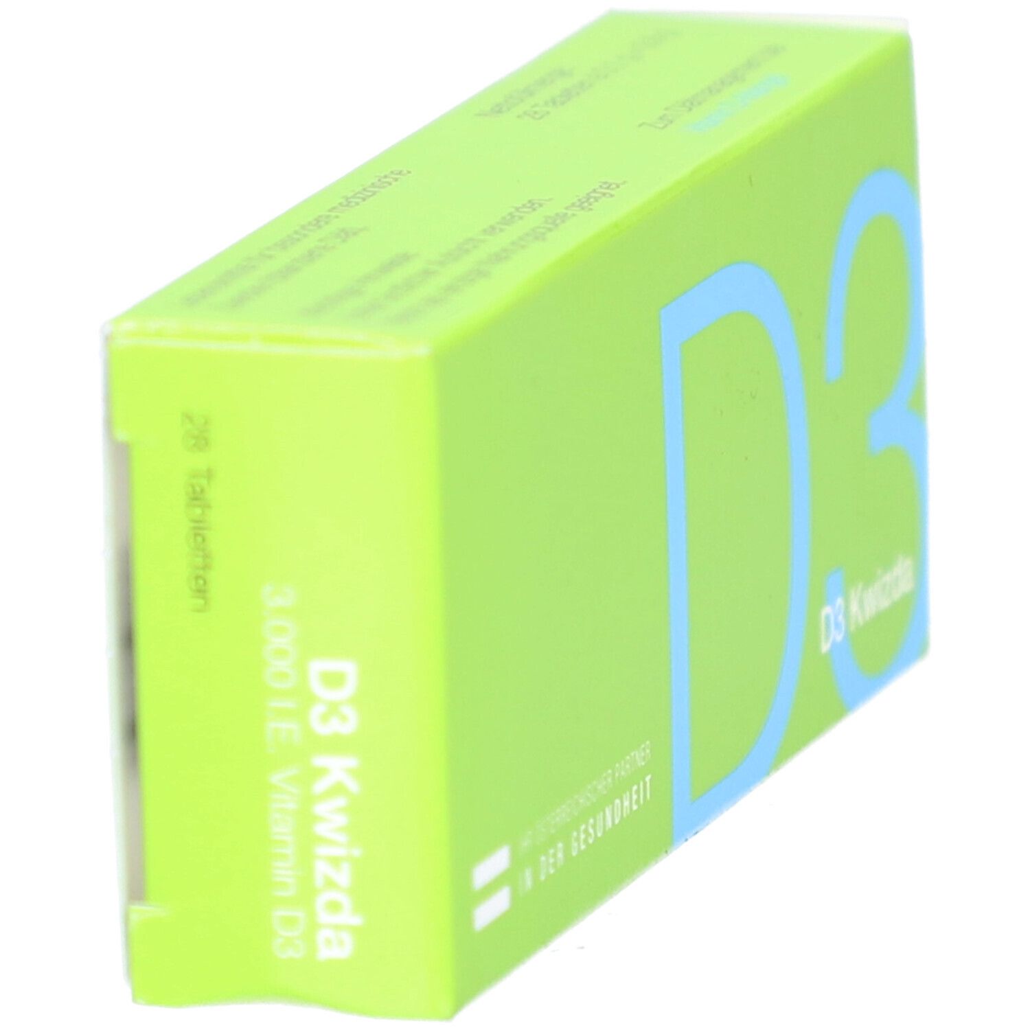 Grüne Schachtel mit blauer Aufschrift D3 Kwizda. Auf der Seite steht "28 Tabletten".