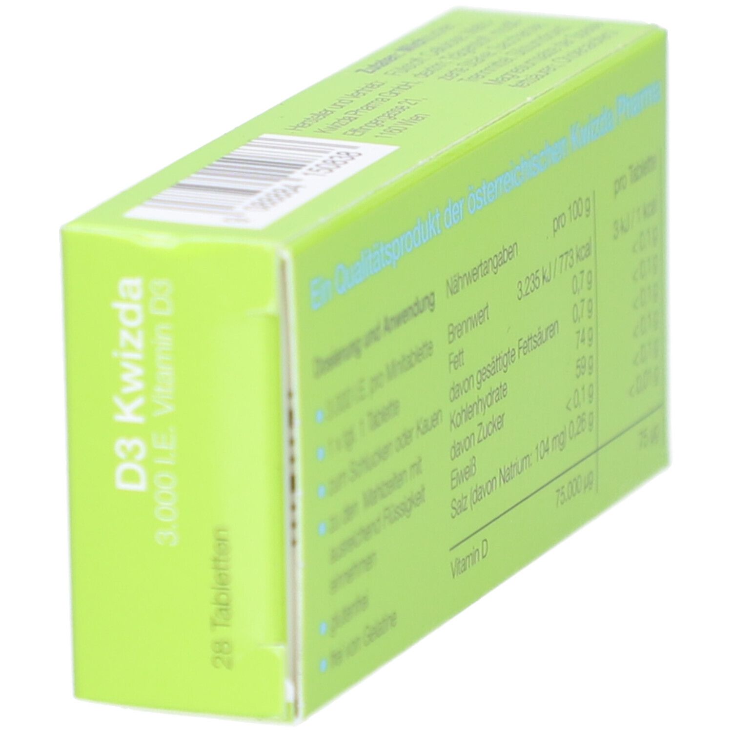 Grüne Schachtel mit Text und Barcode. Enthält Informationen zu D3 Kwizda und 28 Tabletten.