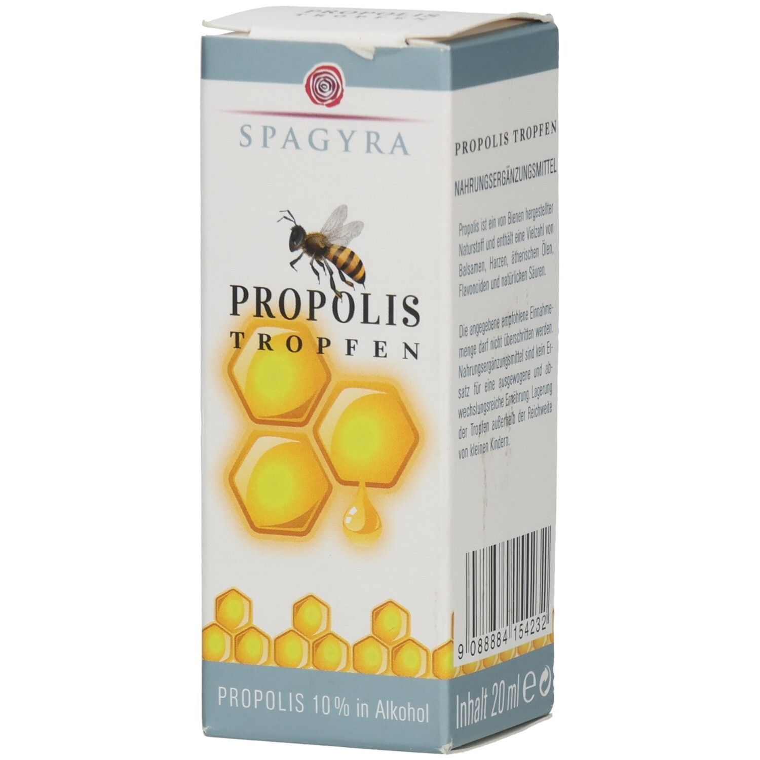 Karton mit SPAGYRA Propolis Tropfen. Aufdruck: Propolis Tropfen, Honigwaben-Illustration, 10% in Alkohol, 20 ml.