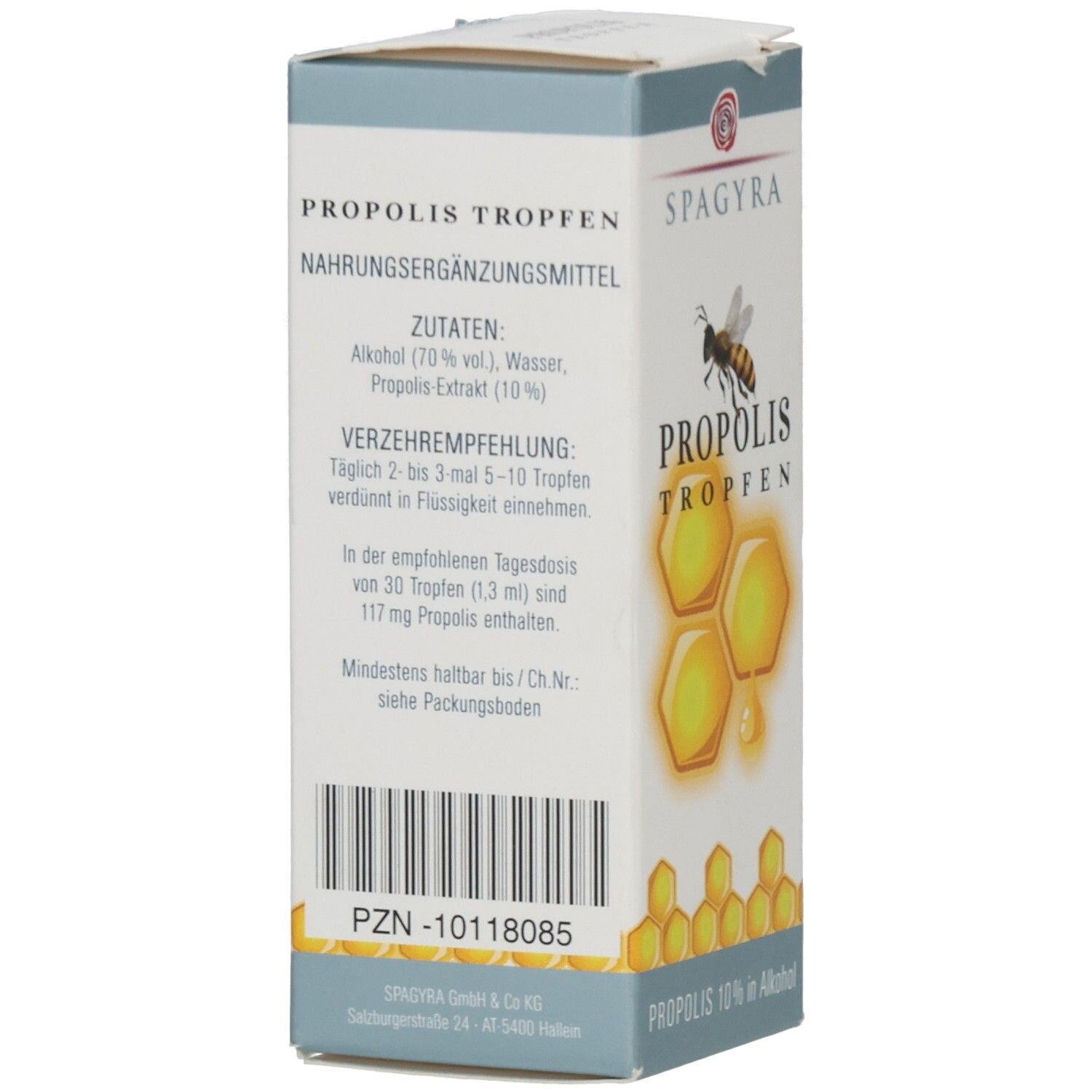 Karton mit SPAGYRA Propolis Tropfen. Aufdruck: Zutaten, Verzehrempfehlung, PZN-10118085, Barcode.