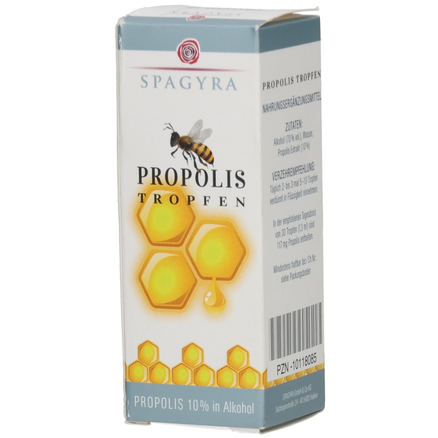 Karton mit SPAGYRA Propolis Tropfen. Aufdruck: Zutaten, Verzehrempfehlung, Honigwaben-Illustration, 10% in Alkohol.