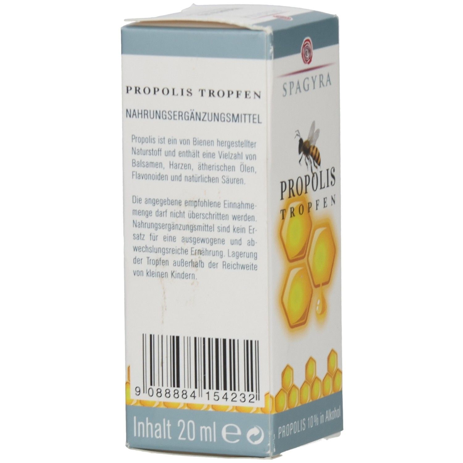 Karton mit SPAGYRA Propolis Tropfen. Aufdruck: Informationen, Barcode, 20 ml.