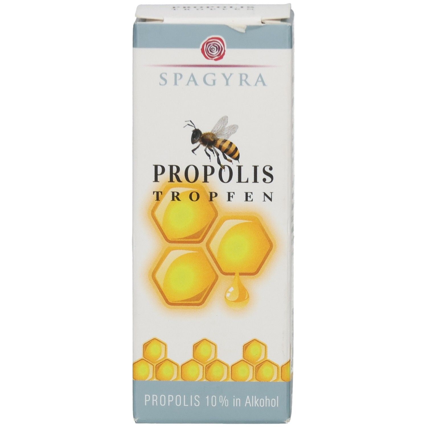 Karton mit SPAGYRA Propolis Tropfen. Aufdruck: Propolis Tropfen, Honigwaben-Illustration, 10% in Alkohol.