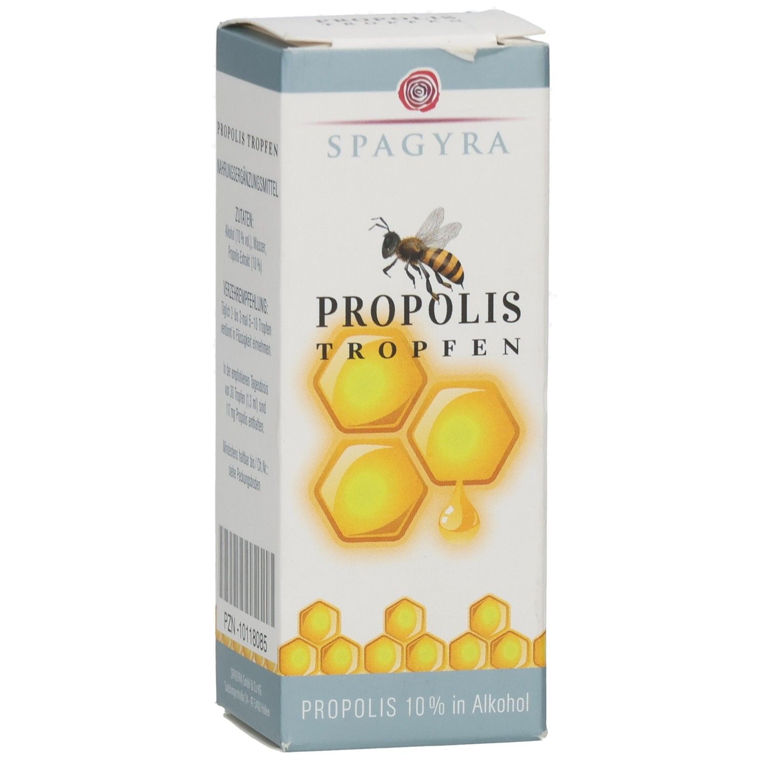 Karton mit SPAGYRA Propolis Tropfen. Aufdruck: Informationen, PZN-10118085, Honigwaben-Illustration, 10% in Alkohol.