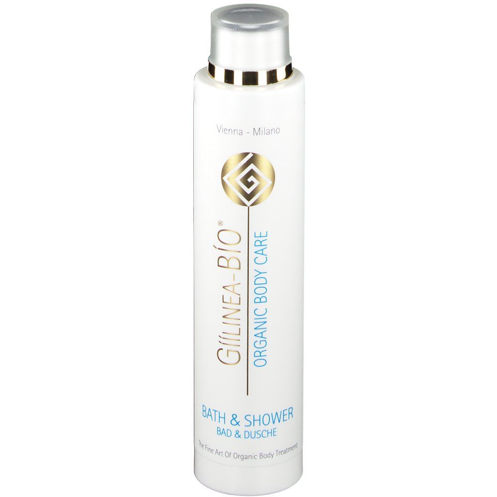 Weiße Flasche mit silbernem Deckel. Aufschrift: GÍÍLINEA-BÍO®, ORGANIC BODY CARE, BATH & SHOWER. Goldfarbenes Logo.