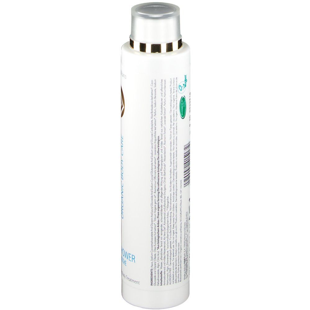 Weiße Flasche, Seitenansicht. Aufschrift und Barcode. Silberner Deckel. Text in mehreren Sprachen.