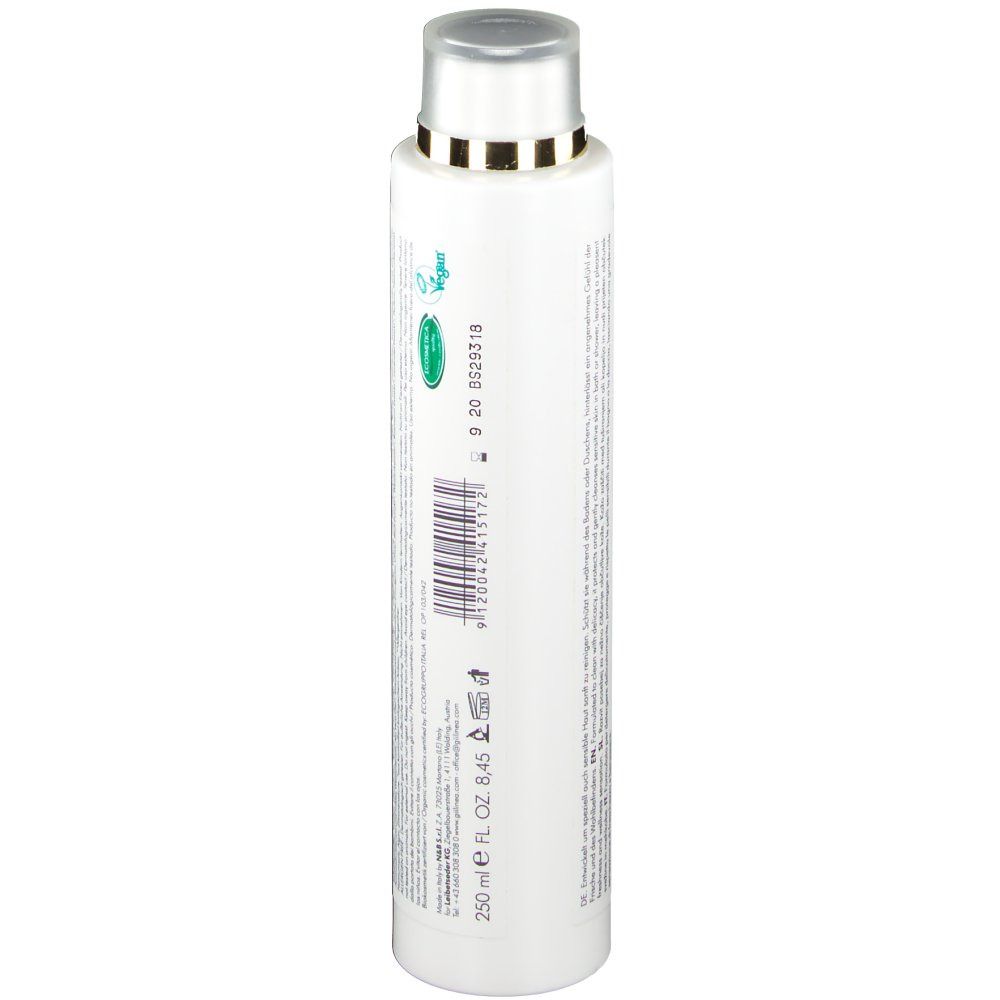 Weiße Flasche, Rückseite. Barcode, Text und Logos. Silberner Deckel. 250 ml.