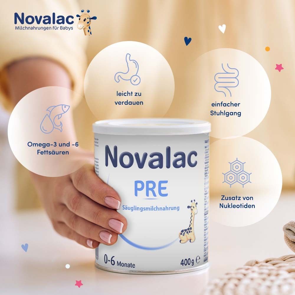Novalac Pre Dose, mit Informationen zu Omega-3/-6 Fettsäuren, leicht verdaulich, einfacher Stuhlgang, Nukleotiden.