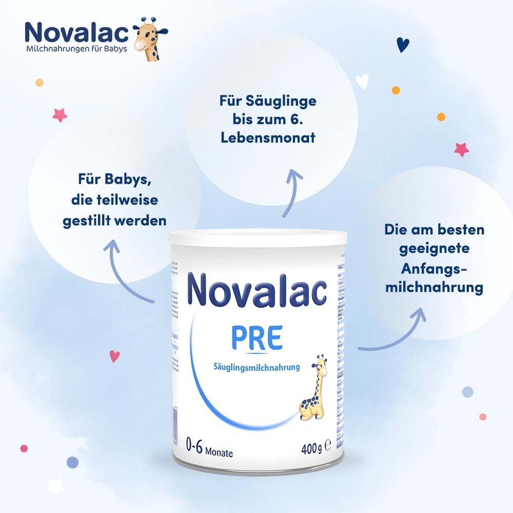 Novalac Pre Dose. Für Babys bis zum 6. Lebensmonat. Geeignet für teilweise gestillte Babys.