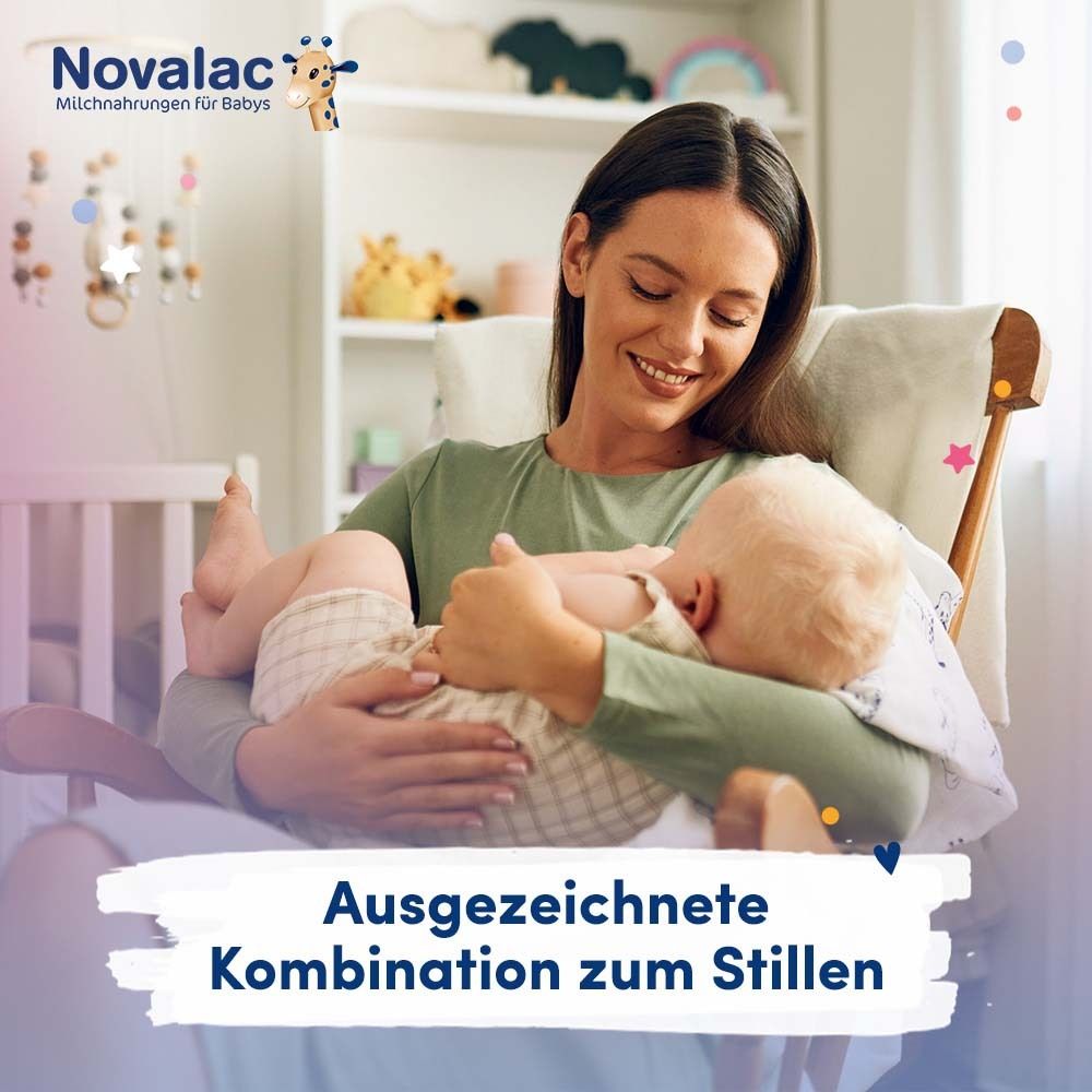 Mutter stillt Baby. Text: Ausgezeichnete Kombination zum Stillen.