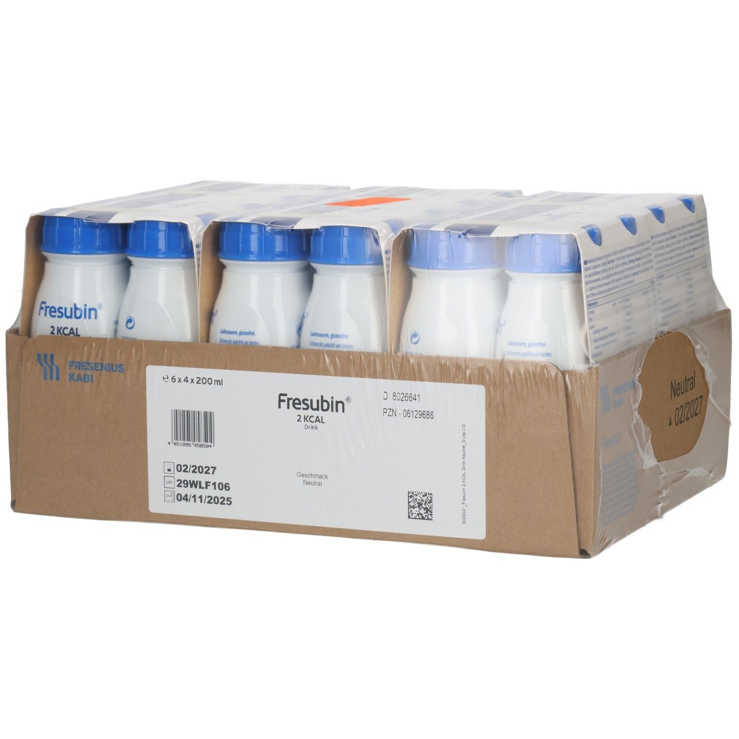 FRESUBIN 2 Kcal Drink Neutral: 24x200ml Flaschen im Karton. Blaue Kappen, weiße Flaschen.