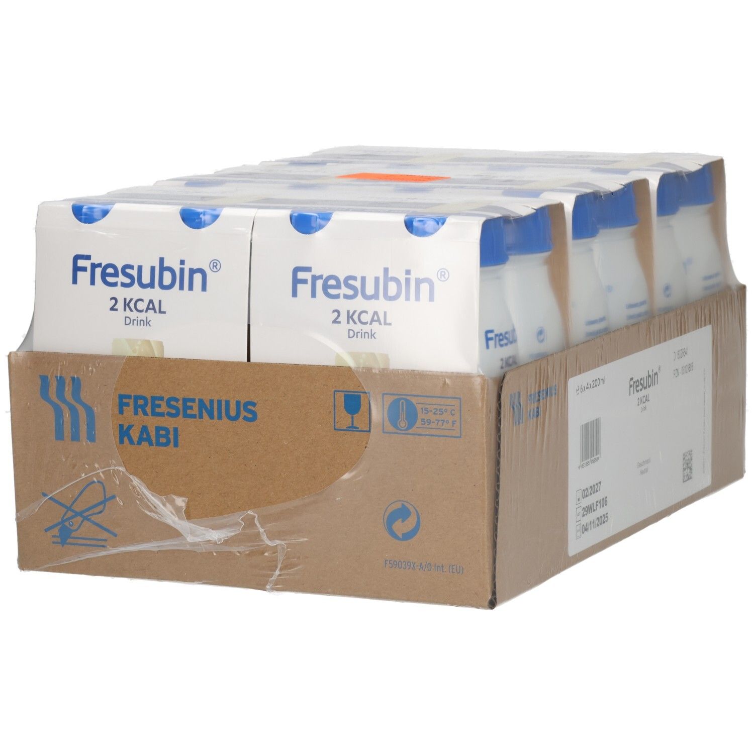 FRESUBIN 2 Kcal Drink Neutral: Karton mit 24x200ml Flaschen. FRESENIUS KABI Logo.