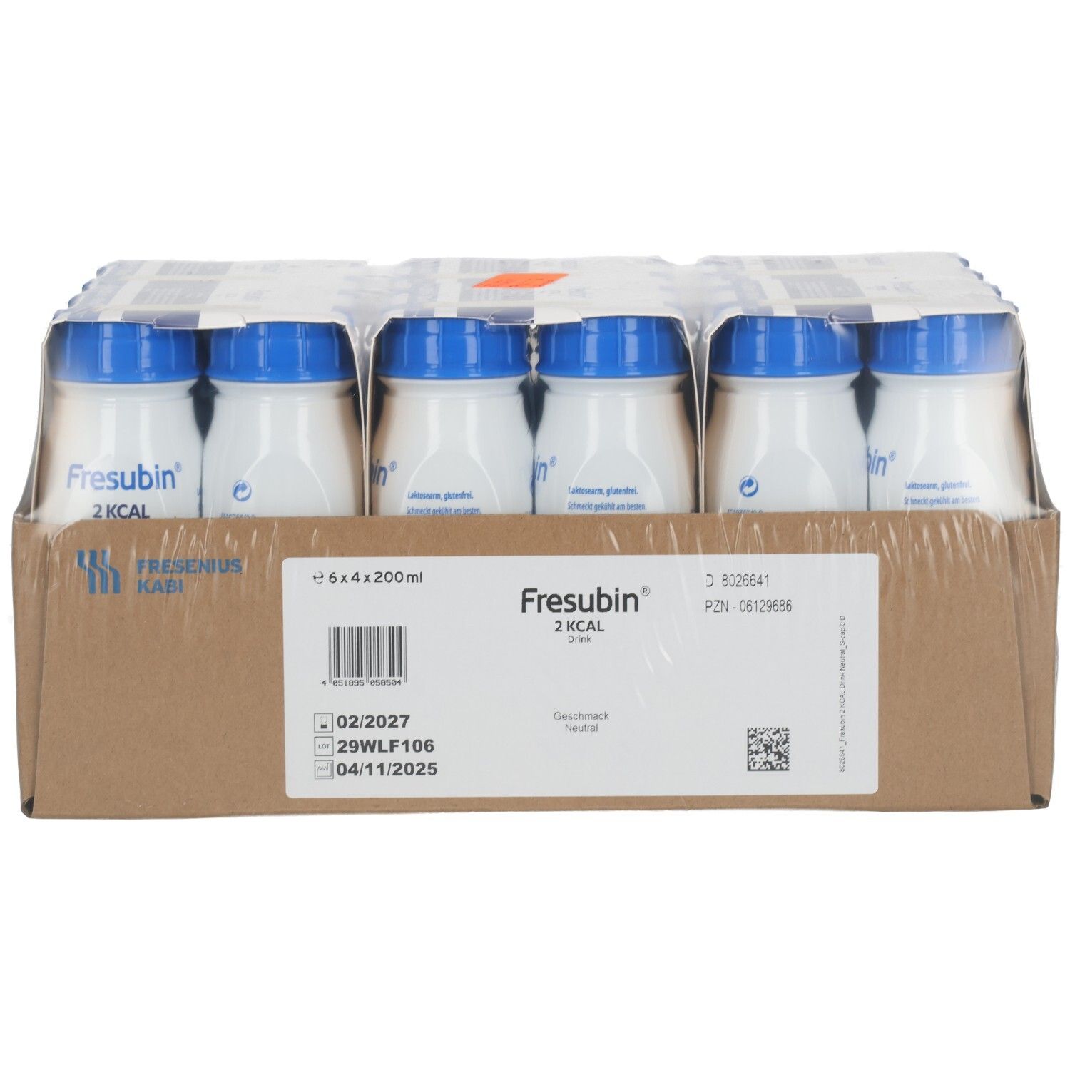 FRESUBIN 2 Kcal Drink Neutral: 24x200ml Flaschen im Karton. Etikett mit Produktinformationen.