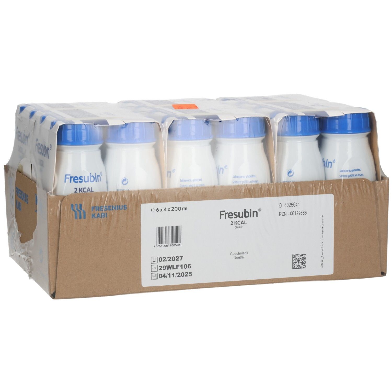 FRESUBIN 2 Kcal Drink Neutral: 24x200ml Flaschen im Karton. Detailansicht des Etiketts.