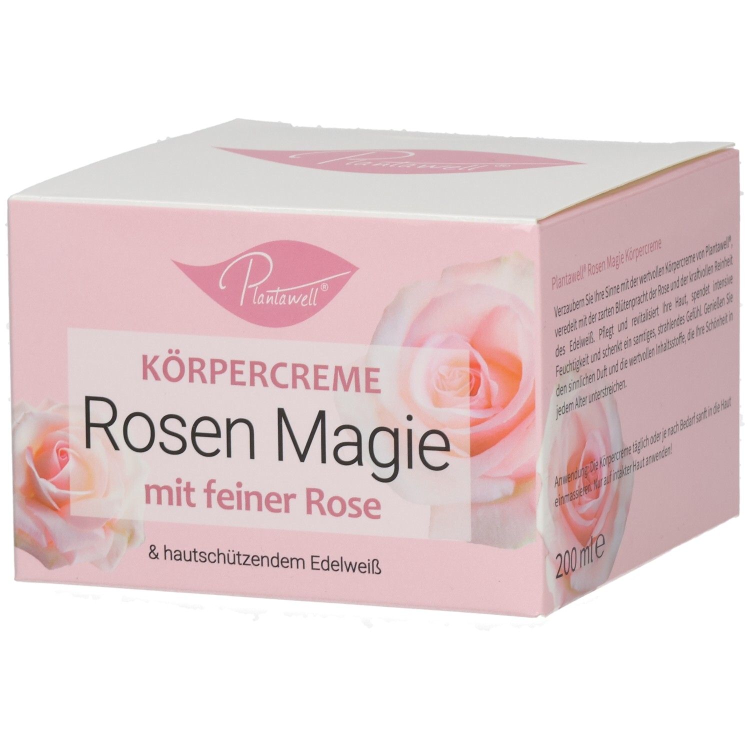 Rosa Karton mit Produktaufdruck. Schriftzug: Körpercreme Rosen Magie mit feiner Rose & hautschützendem Edelweiß. Rosenabbildung.
