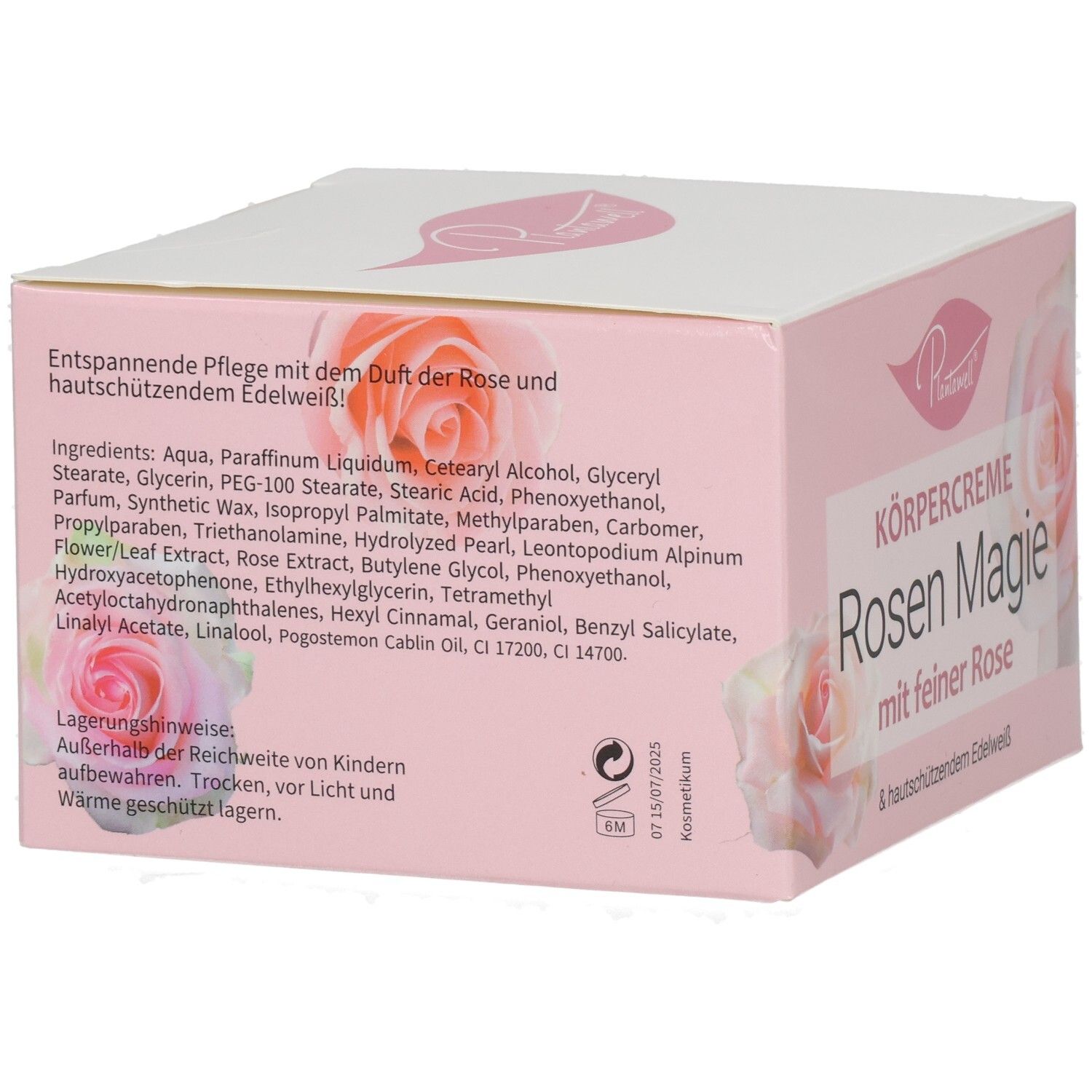 Rückseite der Produktverpackung. Text: Inhaltsstoffe, Lagerhinweise. Rosenabbildung. Logo. Rosa Hintergrund.