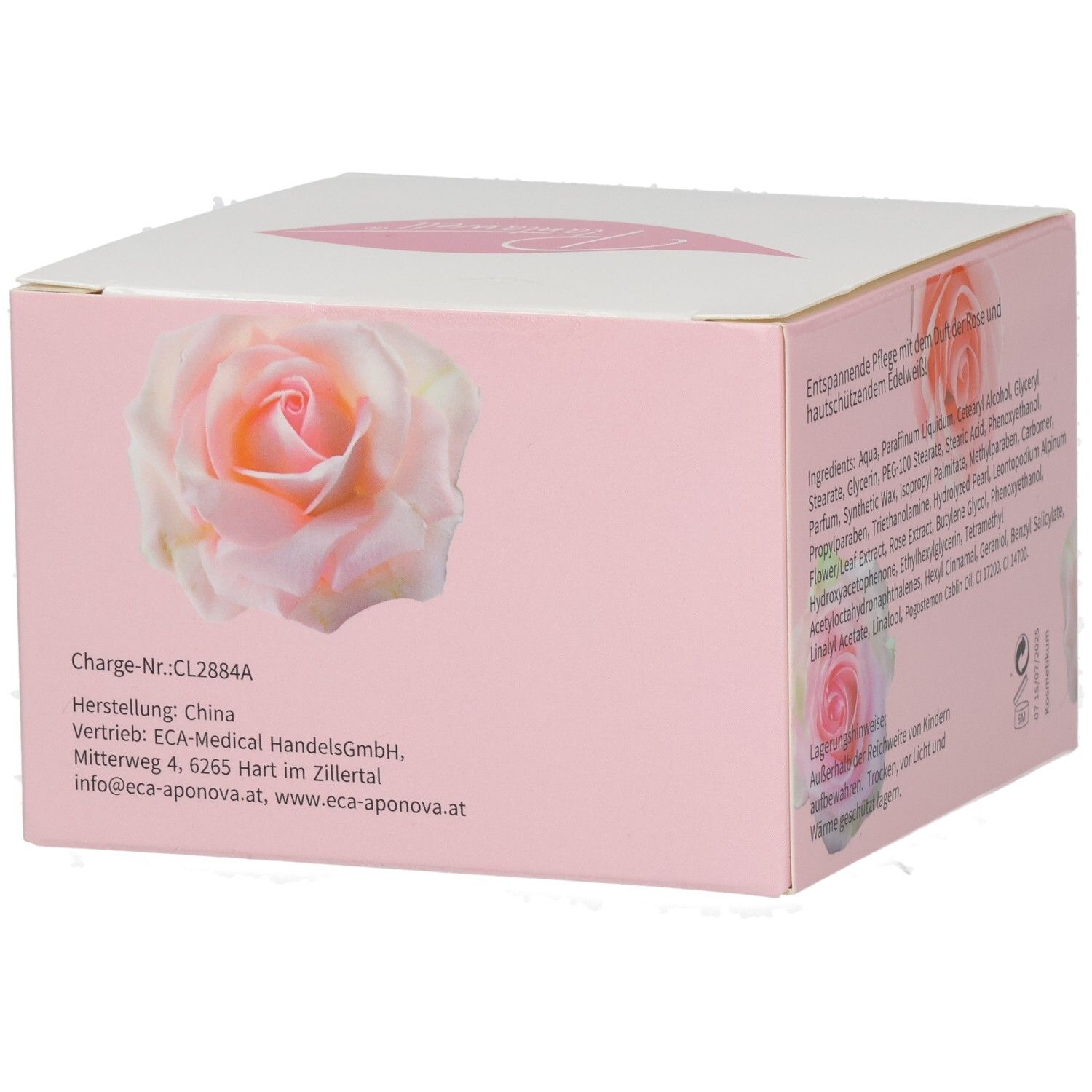 Rückseite der Produktverpackung. Text: Charge-Nr., Herstellung, Vertrieb. Rosenabbildung. Rosa Hintergrund.