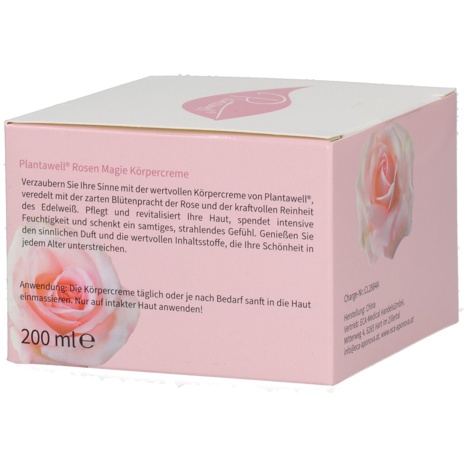 Rückseite der Produktverpackung. Text: Anwendung, Inhalt. Rosenabbildung. Rosa Hintergrund.