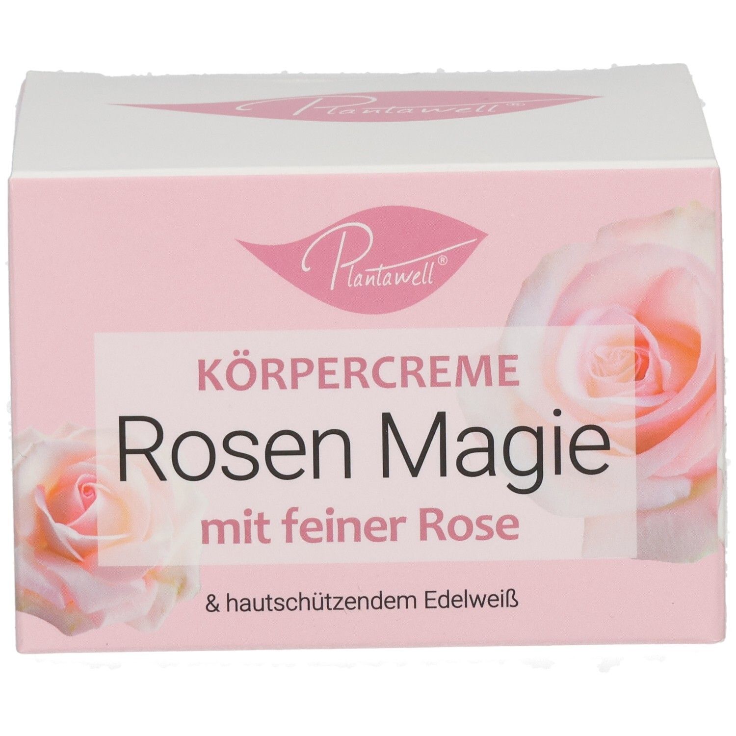 Produktverpackung, Vorderseite. Schriftzug: Körpercreme Rosen Magie mit feiner Rose & hautschützendem Edelweiß. Rosenabbildung. Rosa Hintergrund.