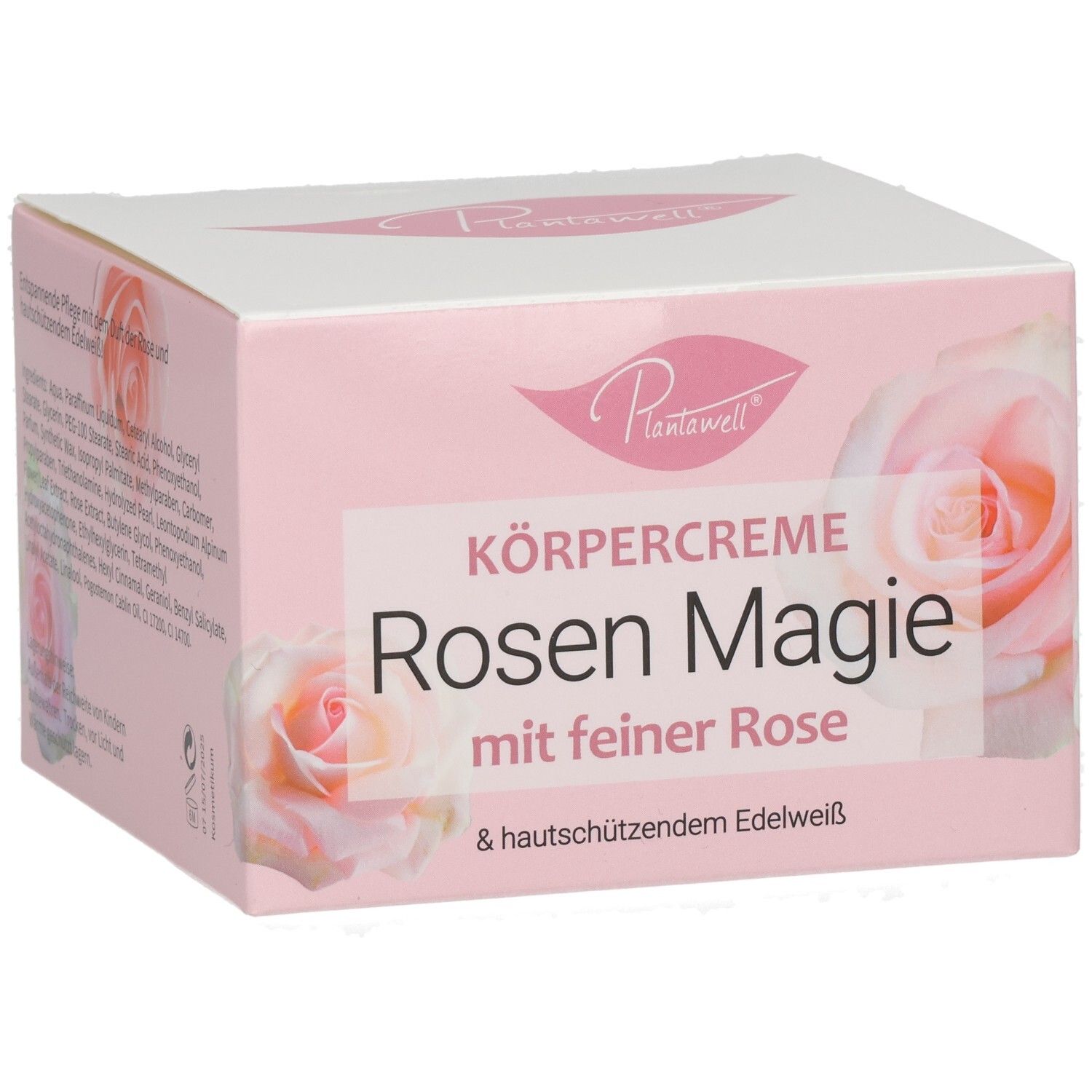 Produktverpackung, Vorderseite. Schriftzug: Körpercreme Rosen Magie mit feiner Rose & hautschützendem Edelweiß. Rosenabbildung. Rosa Hintergrund.