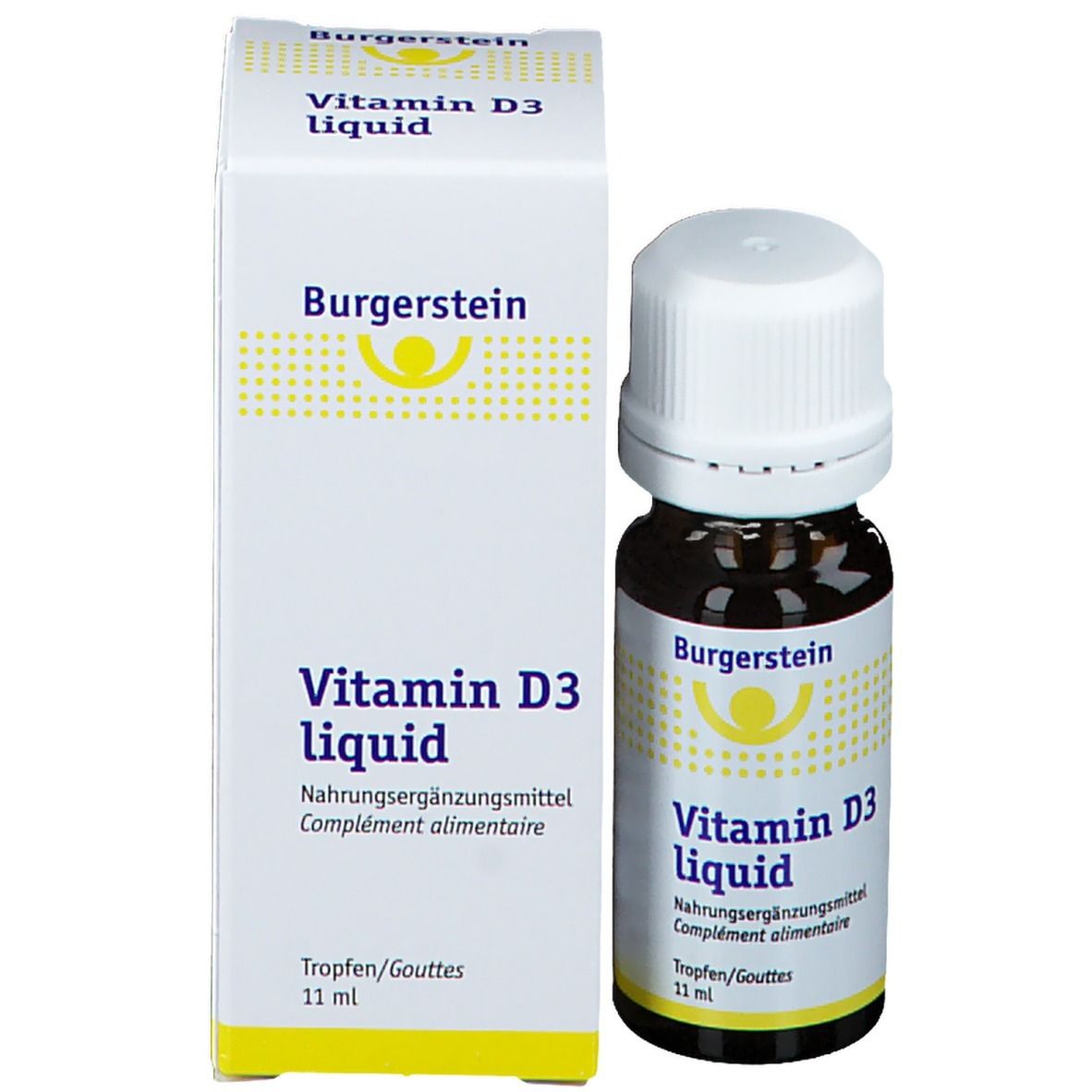 Braune Glasflasche mit weißem Deckel und Karton. Aufschrift: Burgerstein Vitamin D3 liquid. Tropfen/Gouttes.
