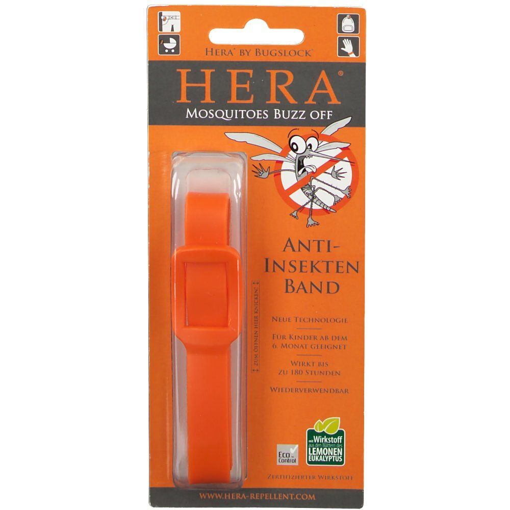 Orangefarbenes Armband in Blisterverpackung. Aufschrift: HERA Mosquitoes Buzz Off. Anti-Insekten Band. Mit Logo.