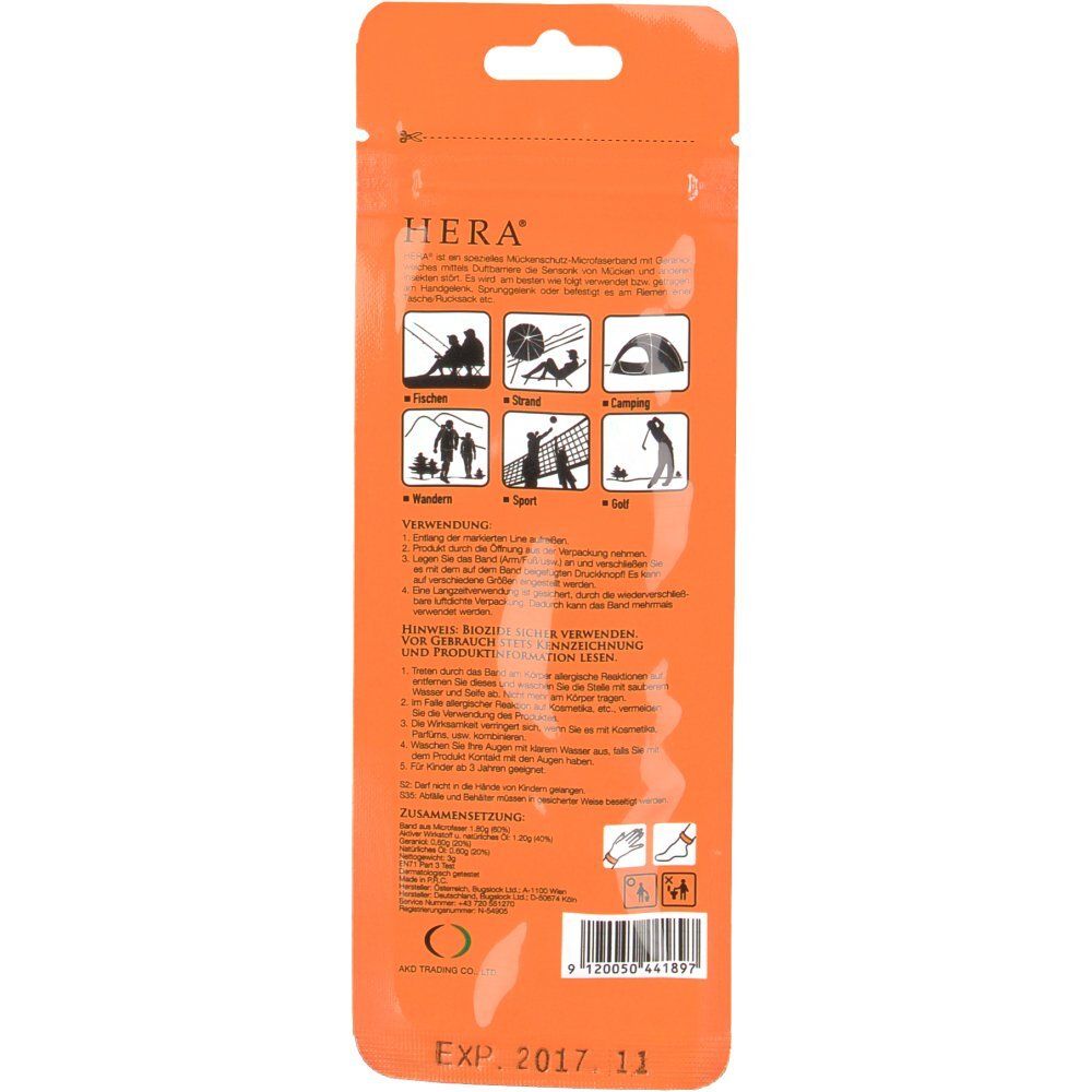 Rückseite der Verpackung. Aufschrift: HERA. Piktogramme für verschiedene Aktivitäten. Text in deutscher Sprache. Haltbarkeitsdatum.