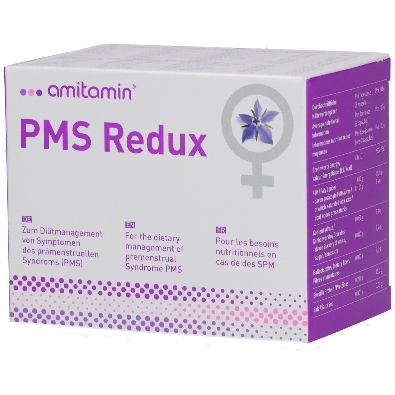 Schachtel mit AMITAMIN PMS Redux. Lila und weiß. Text: PMS Redux, Logo, Texte in Deutsch, Englisch und Französisch. Blüte und Frauensymbol.