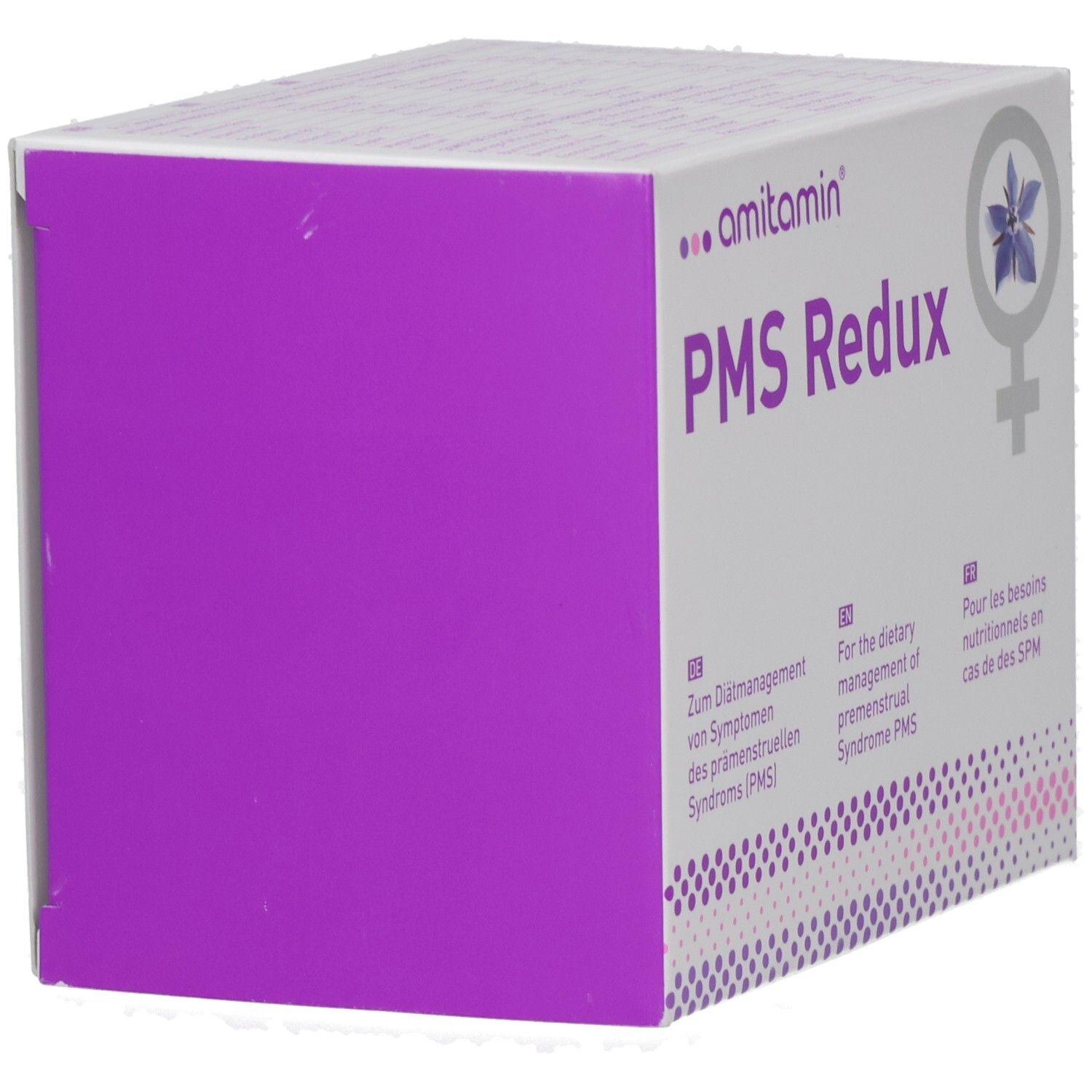 AMITAMIN PMS Redux Schachtel, Ansicht von der Seite. Lila und weiß. Text: PMS Redux, Logo, Texte in Deutsch, Englisch und Französisch.