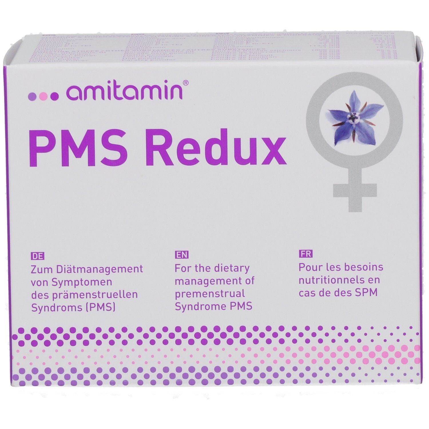 AMITAMIN PMS Redux Schachtel, Frontansicht. Lila und weiß. Text: PMS Redux, Logo, Texte in Deutsch, Englisch und Französisch.
