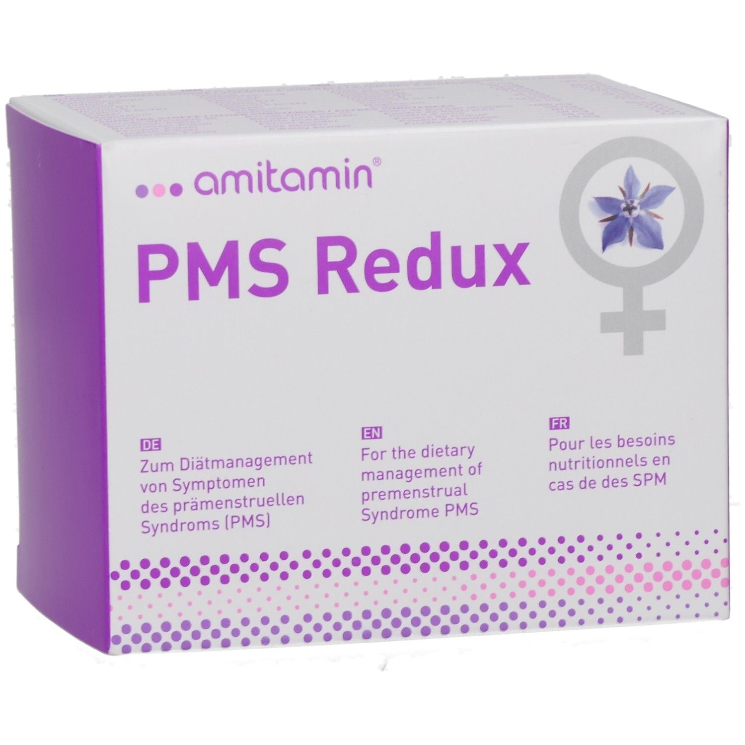 AMITAMIN PMS Redux Schachtel, leicht schräg. Lila und weiß. Text: PMS Redux, Logo, Texte in Deutsch, Englisch und Französisch.