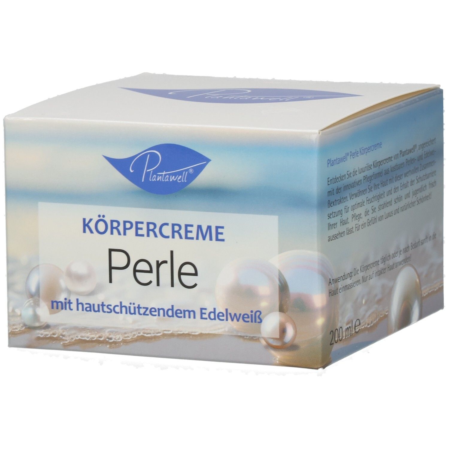 Weiße Kartonverpackung mit Produktnamen und Perlen-Illustration. Text: Körpercreme Perle mit hautschützendem Edelweiß. Logo: Plantawell.