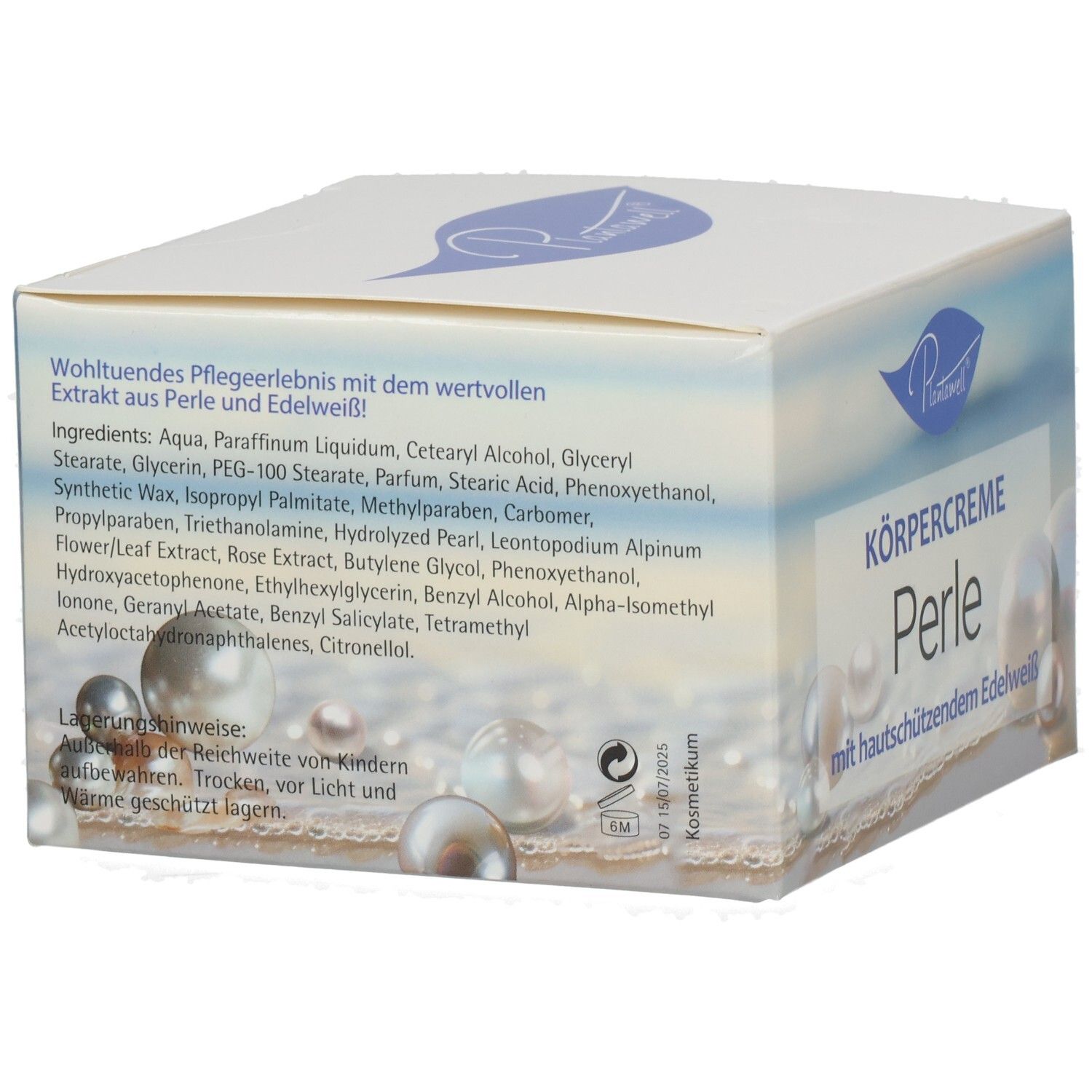 Rückseite der Kartonverpackung mit Inhaltsstoffen und Text. Text: Körpercreme Perle mit hautschützendem Edelweiß. Logo: Plantawell.
