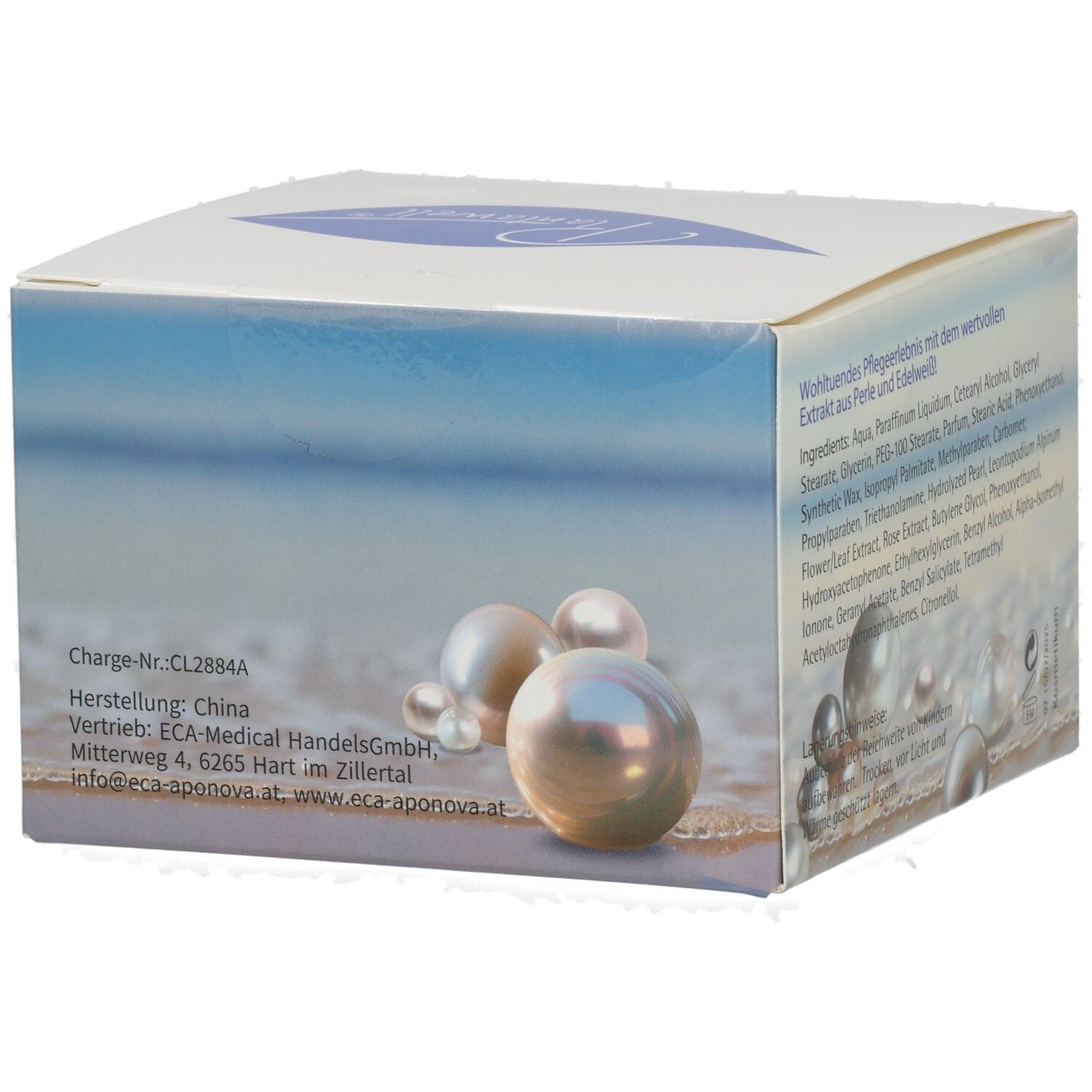 Seite der Kartonverpackung mit Text und Perlen-Illustration. Text: Körpercreme Perle mit hautschützendem Edelweiß. Logo: Plantawell.