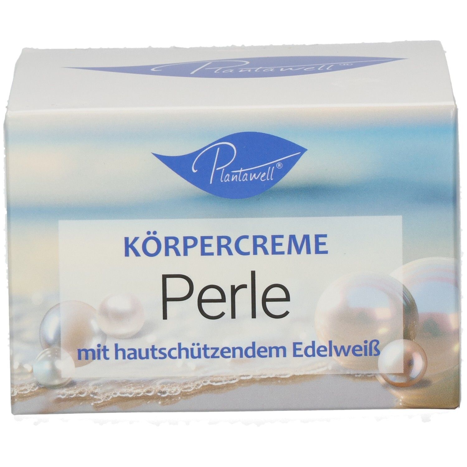 Kartonverpackung mit Produktnamen und Perlen-Illustration. Text: Körpercreme Perle mit hautschützendem Edelweiß. Logo: Plantawell.