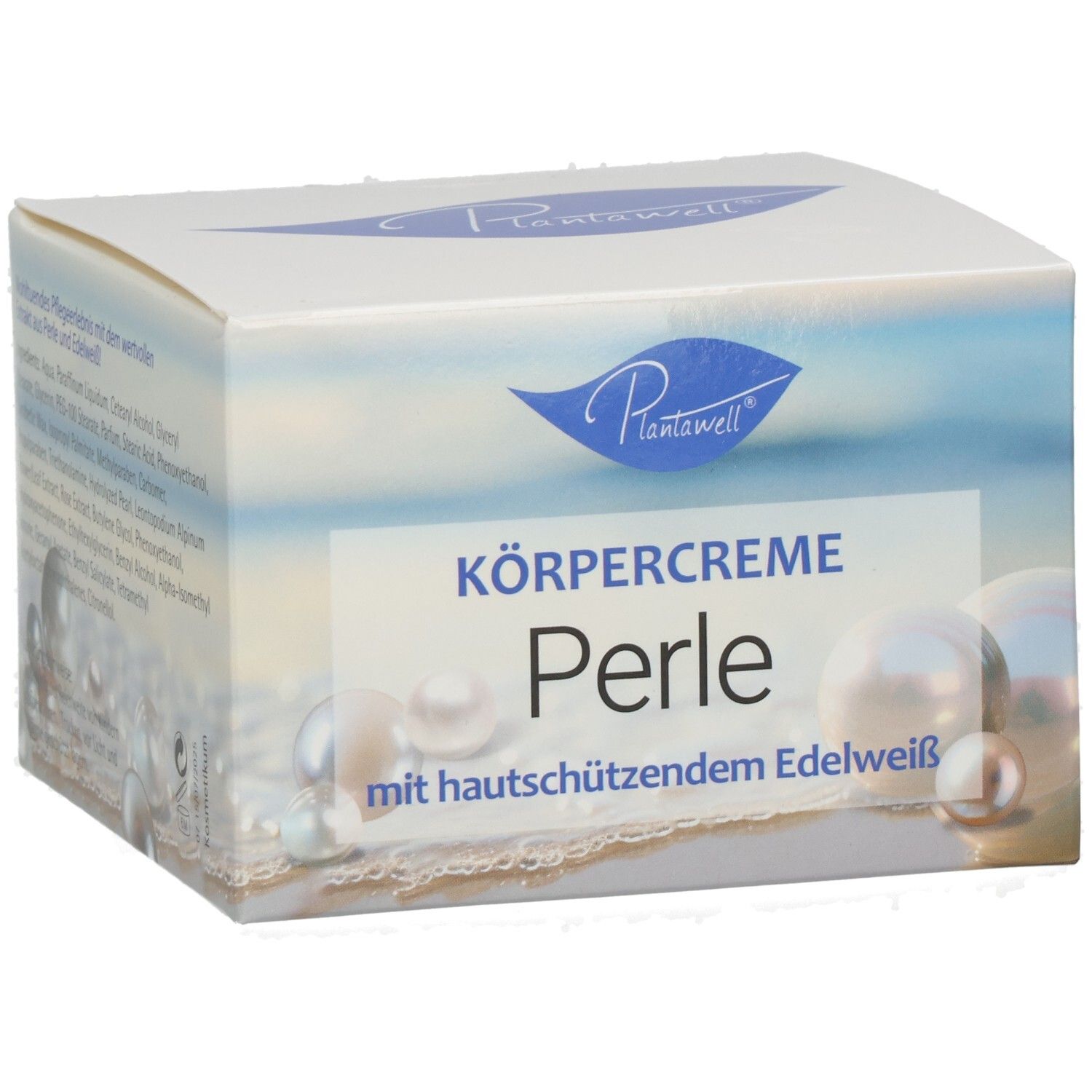 Kartonverpackung mit Produktnamen und Perlen-Illustration. Text: Körpercreme Perle mit hautschützendem Edelweiß. Logo: Plantawell.