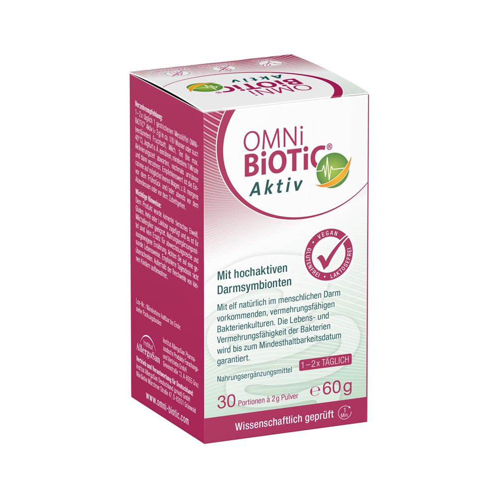 OMNi BiOTiC Aktiv Kartonverpackung mit 30 Portionen à 2g Pulver, 60g Gesamtgewicht. Vegan, glutenfrei, laktosefrei.