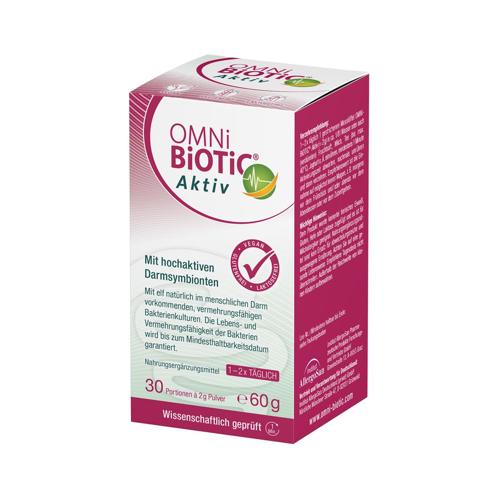 OMNi BiOTiC Aktiv Kartonverpackung, Vorderseite und Seite sichtbar. 30 Portionen à 2g Pulver, 60g. Vegan, glutenfrei, laktosefrei.