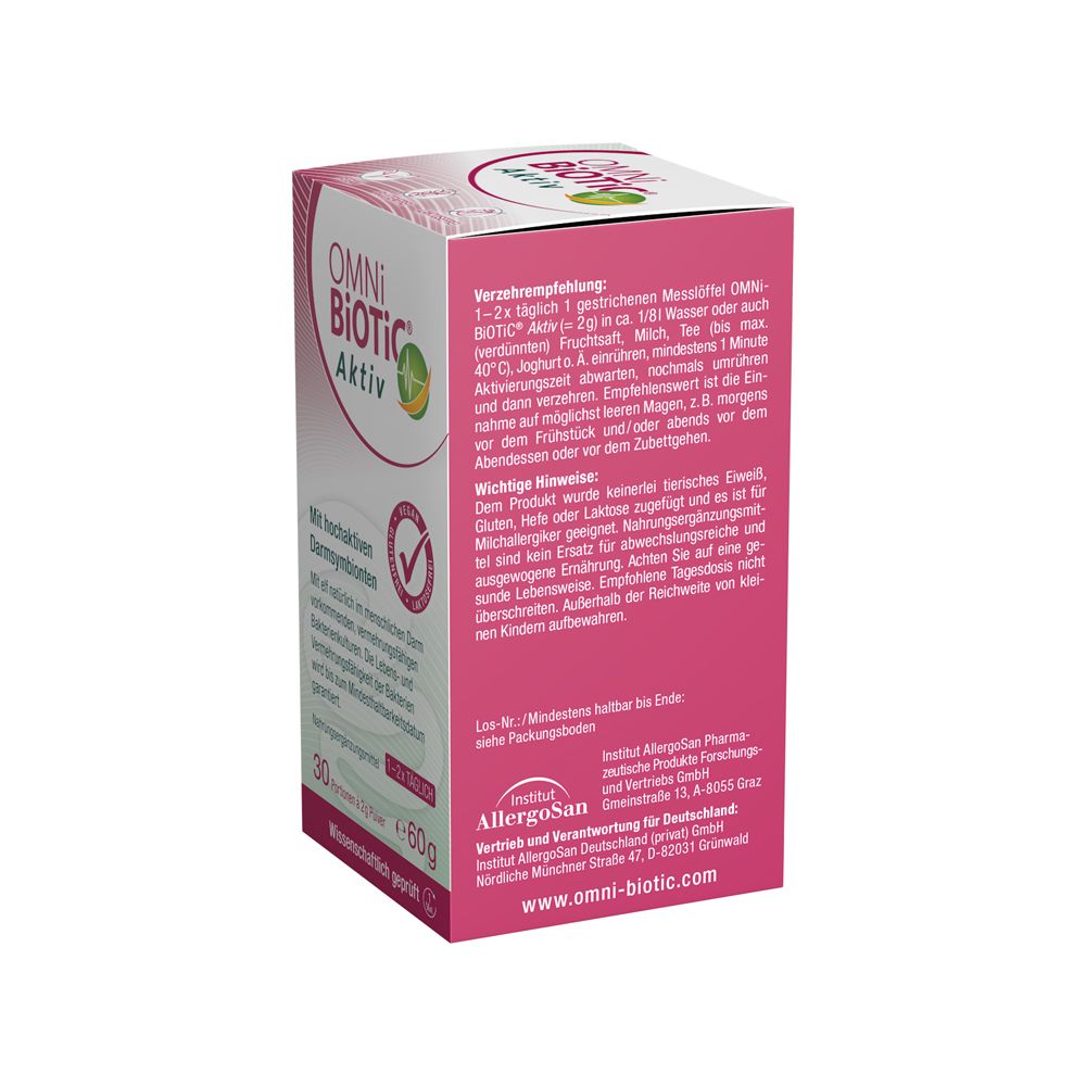 OMNi BiOTiC Aktiv Kartonverpackung, Seitenansicht mit Anwendungshinweisen. 30 Portionen à 2g Pulver, 60g.