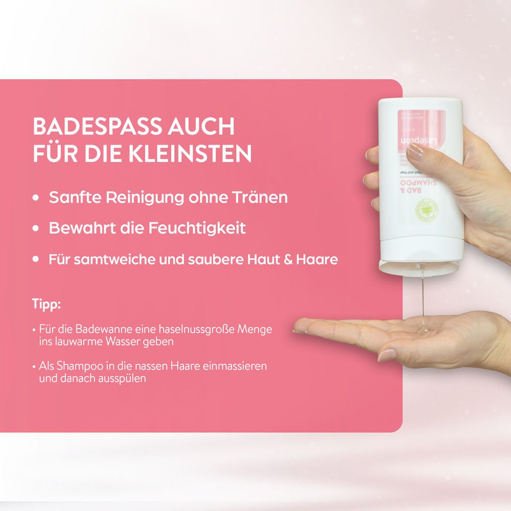 Hand hält Flasche. Text: Badespaß auch für die Kleinsten. Produktinformationen in Pink. Flasche.