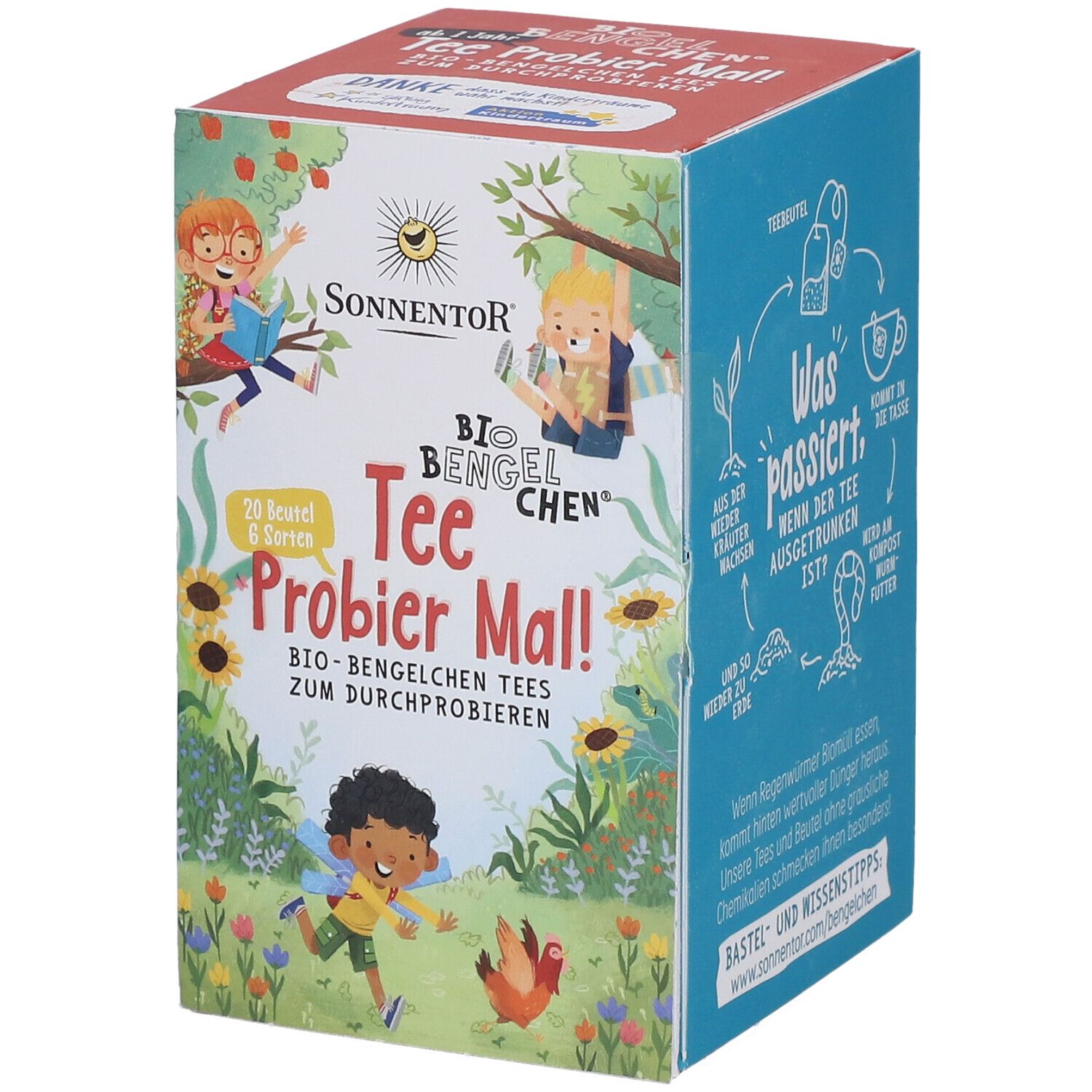 Karton Sonnentor Bio-Bengelchen Tee Probier Mal! mit Illustrationen. 20 Beutel. Vorderseite mit Kindern, Blumen und Sonne.