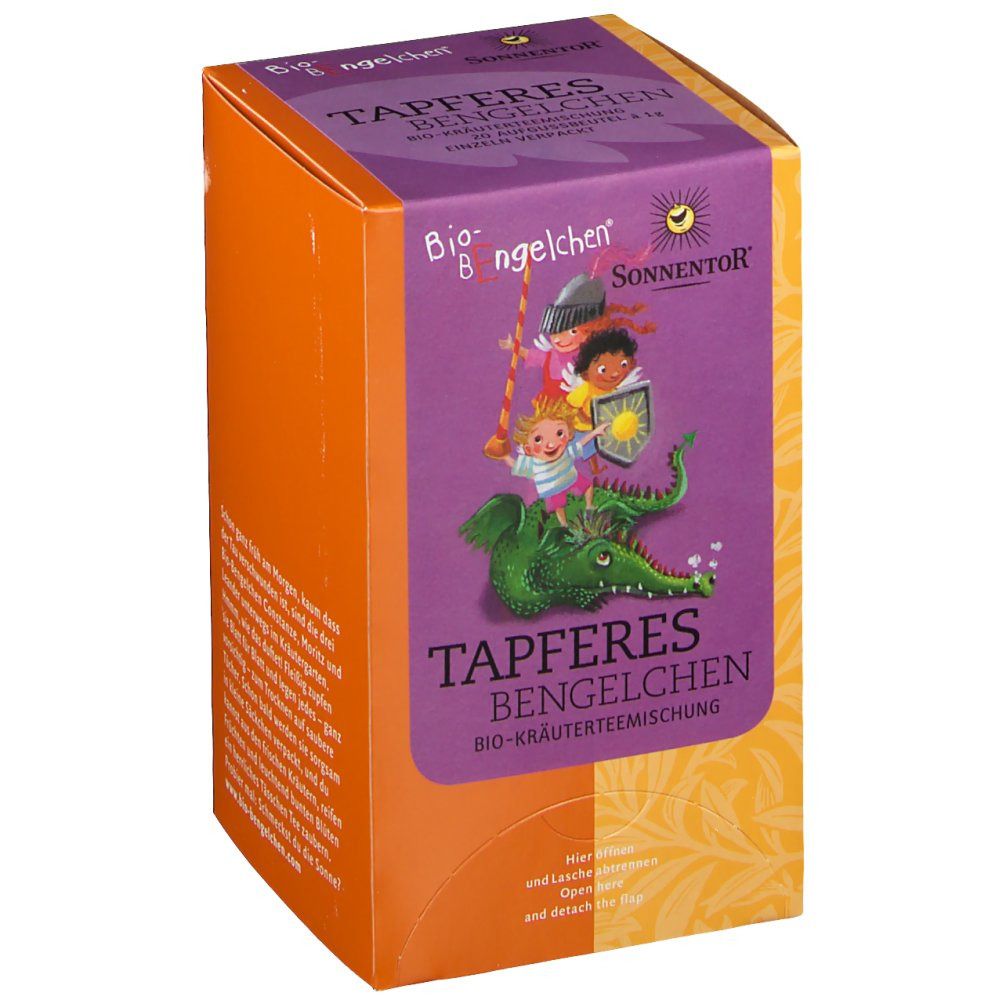 Orangefarbene Verpackung mit lila Deckel. Aufdruck: Tapferes Bengelchen Tee, Kinder auf Drachen. SonnentoR Logo.